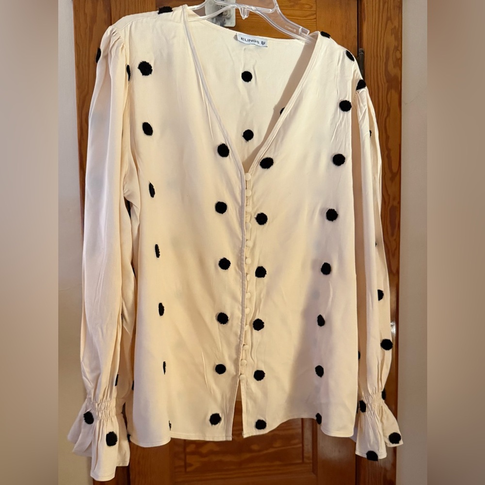 Cream and Black Puff Sleeve Blouse with Notched Collar